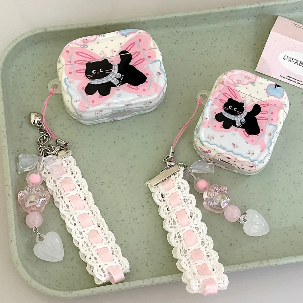 Butterfly Cat AirPods Charger Case Cover with Charm Strap