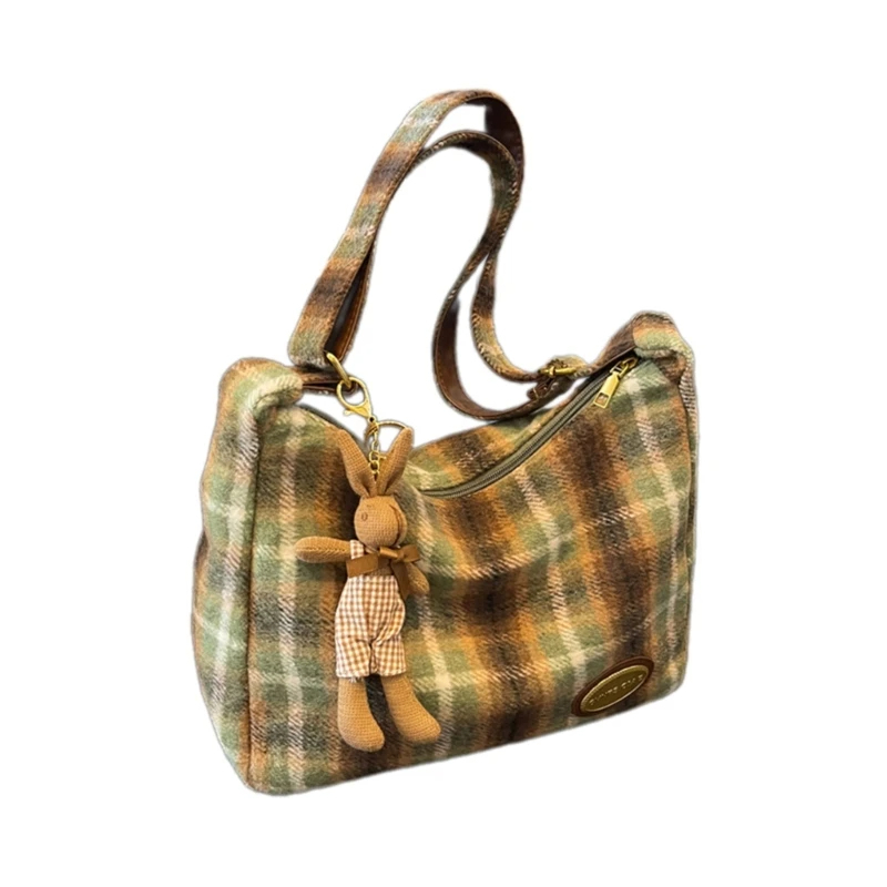 Tartan Shoulder Bag with Bunny Charm (3 Colours)