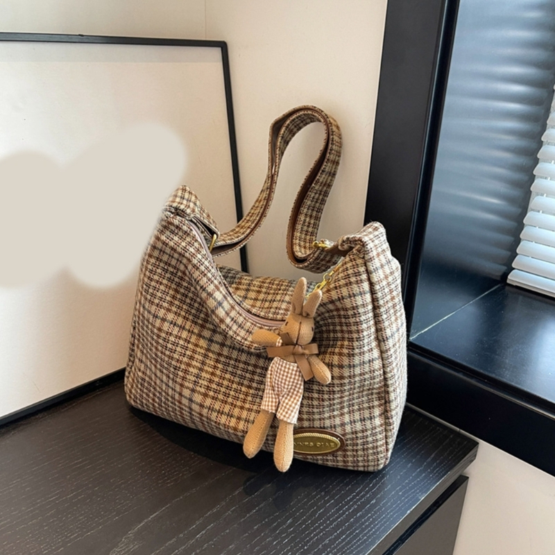 Tartan Shoulder Bag with Bunny Charm (3 Colours)