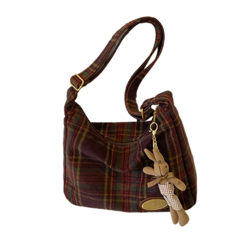 Tartan Shoulder Bag with Bunny Charm (3 Colours)