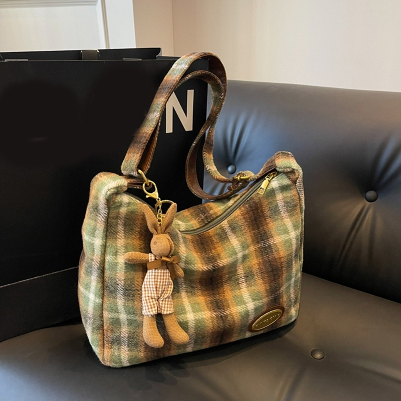 Tartan Shoulder Bag with Bunny Charm (3 Colours)