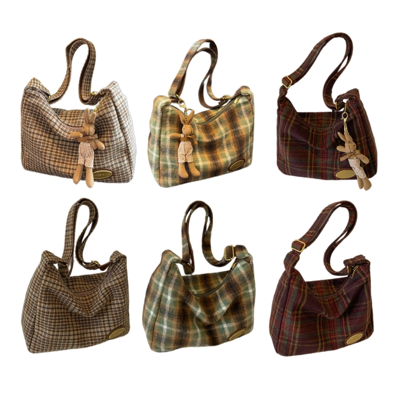 Tartan Shoulder Bag with Bunny Charm (3 Colours)