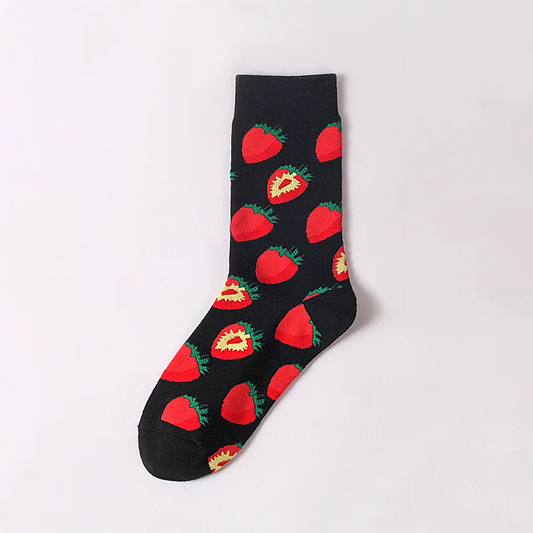 Black Strawberry Crew Socks