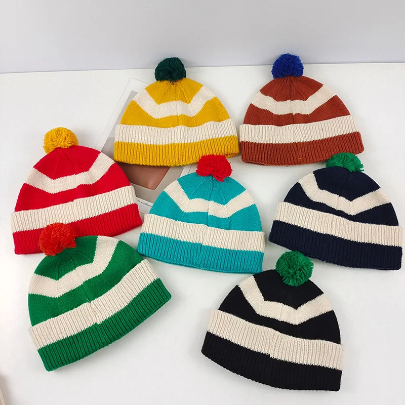 Pom Pom Striped Beanie Hat (9 Colours)