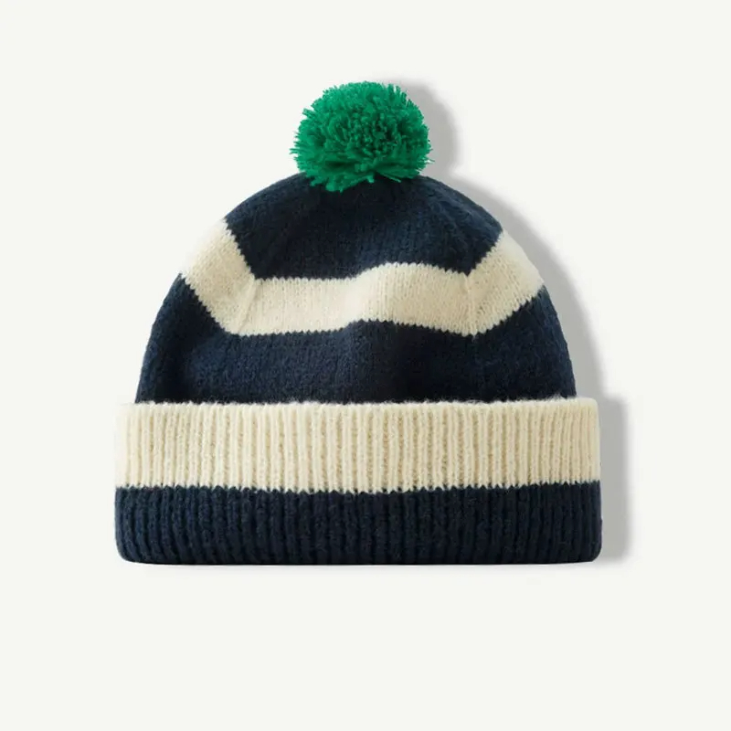 Pom Pom Striped Beanie Hat (9 Colours)