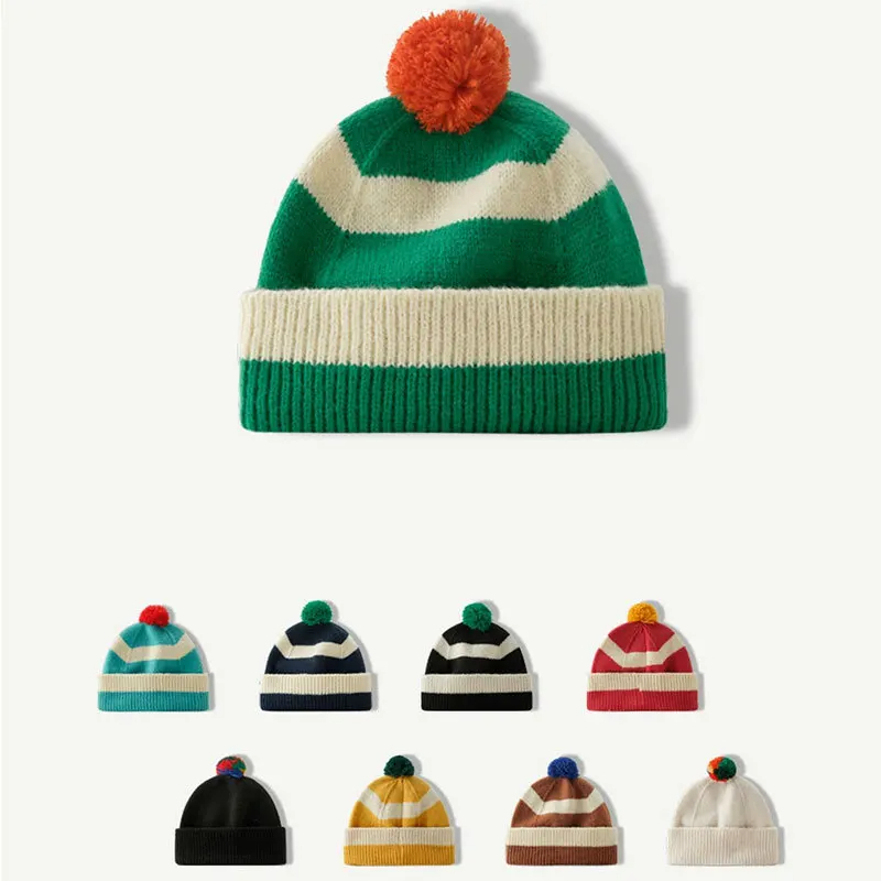 Pom Pom Striped Beanie Hat (9 Colours)