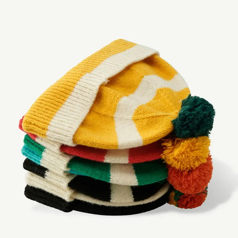 Pom Pom Striped Beanie Hat (9 Colours)