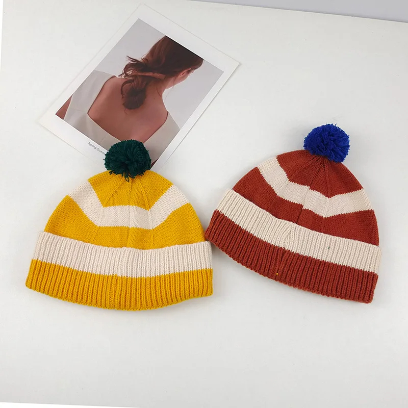 Pom Pom Striped Beanie Hat (9 Colours)