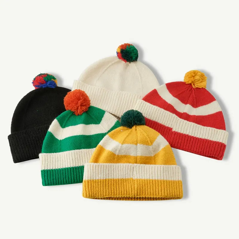 Pom Pom Striped Beanie Hat (9 Colours)