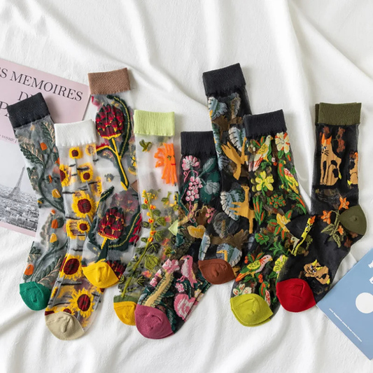 Transparent Flower Crew Socks (8 Colours)