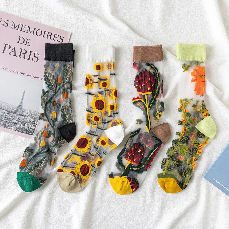 Transparent Flower Crew Socks (8 Colours)