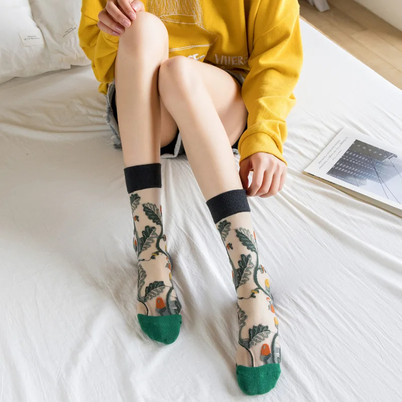 Transparent Flower Crew Socks (8 Colours)