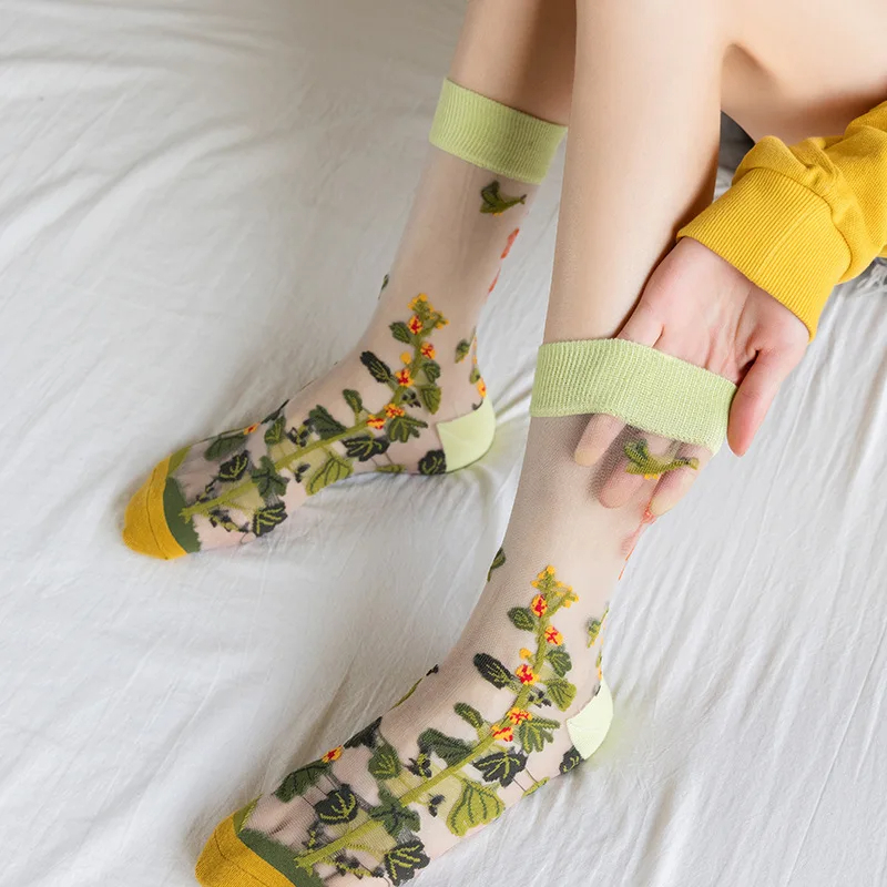 Transparent Flower Crew Socks (8 Colours)