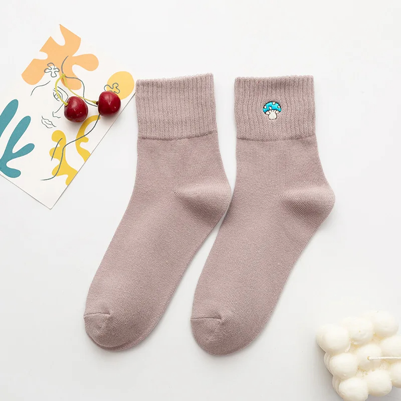 Mushroom Embroidery Crew Socks (5 Colours)