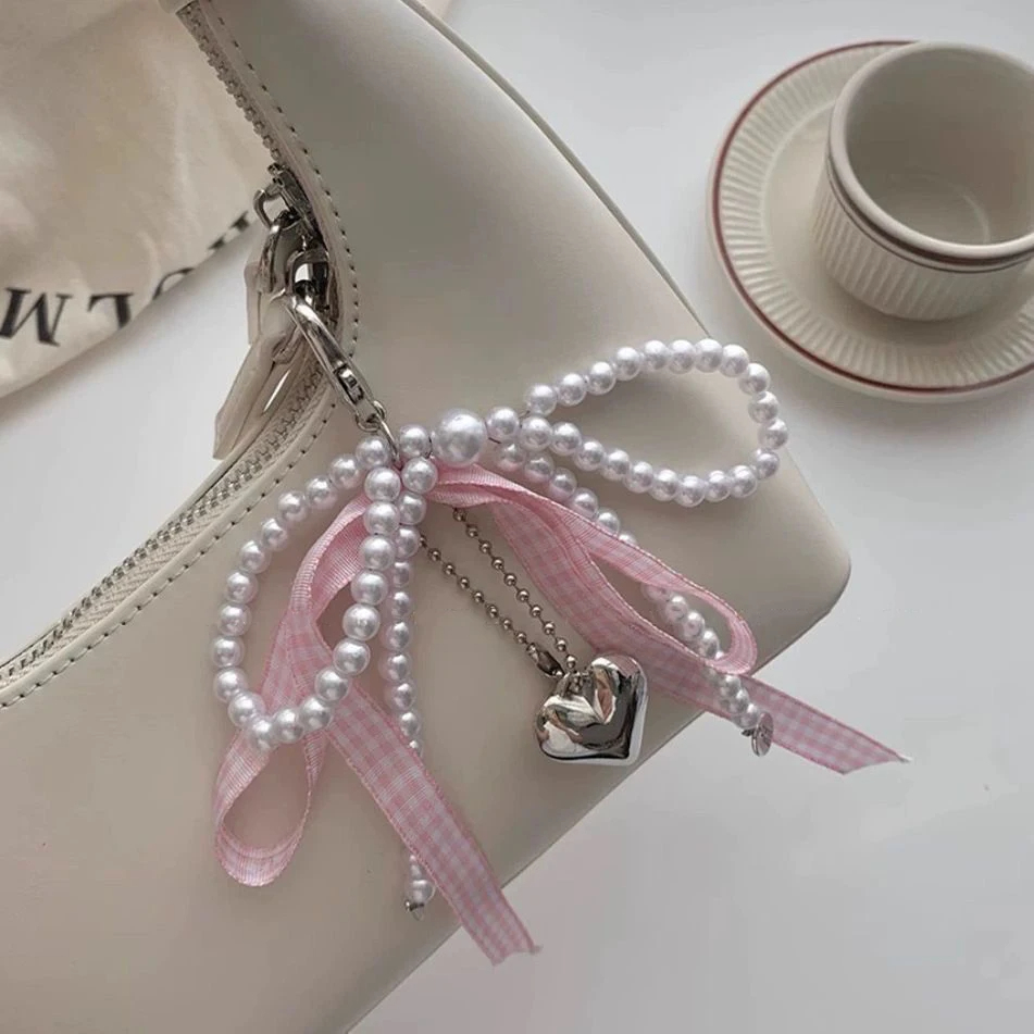 Coquette Gingham and Pearl Ribbon Bow and Heart Clip On Charm (3 Colours)