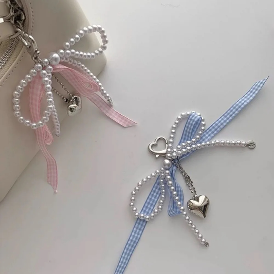 Coquette Gingham and Pearl Ribbon Bow and Heart Clip On Charm (3 Colours)