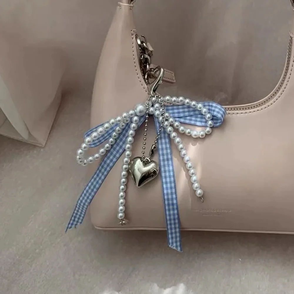 Coquette Gingham and Pearl Ribbon Bow and Heart Clip On Charm (3 Colours)