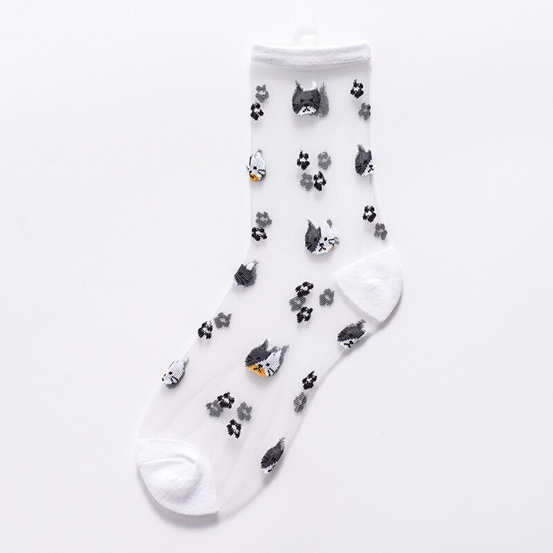 Sheer Embroidered Cat Face Pattern Crew Socks (2 Colours)