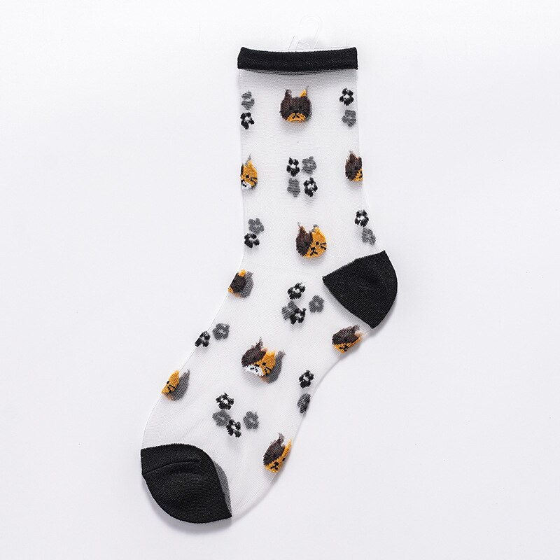 Sheer Embroidered Cat Face Pattern Crew Socks (2 Colours)