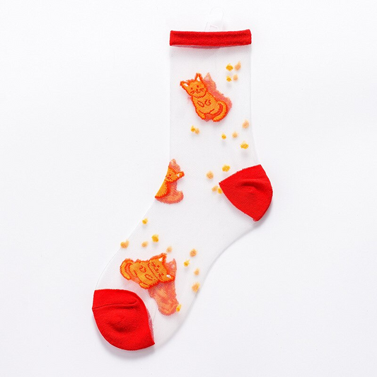 Sheer Embroidered Ginger Cat Pattern Crew Socks