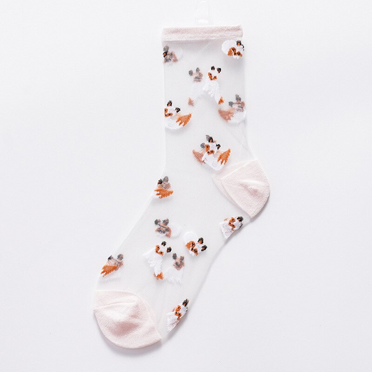 Sheer Embroidered Fox Pattern Crew Socks (2 Colours)