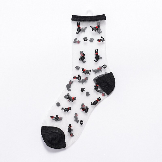 Sheer Embroidered Cat Pattern Crew Socks (2 Colours)