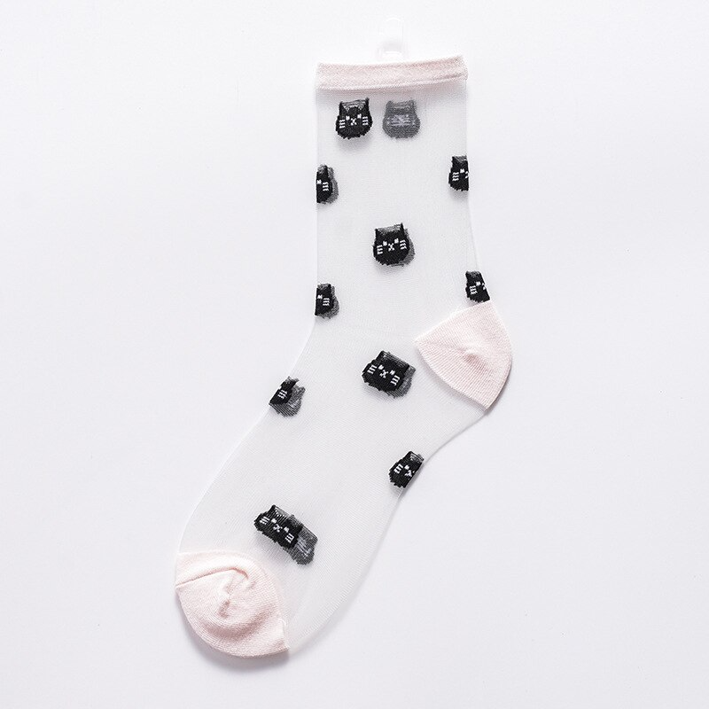 Sheer Embroidered Cat Face Pattern Crew Socks