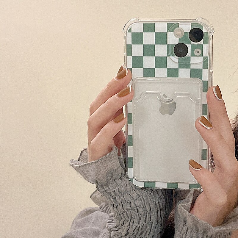 Green Checkerboard iPhone Case with Photo Card Slot Ice Cream Cake