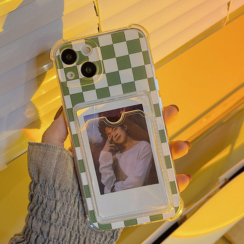 Green Checkerboard iPhone Case with Photo Card Slot