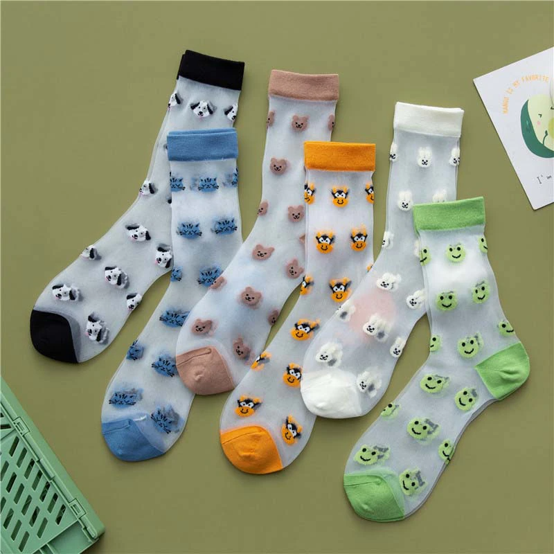 Sheer Embroidered Animal Face Pattern Crew Socks (6 Colours)