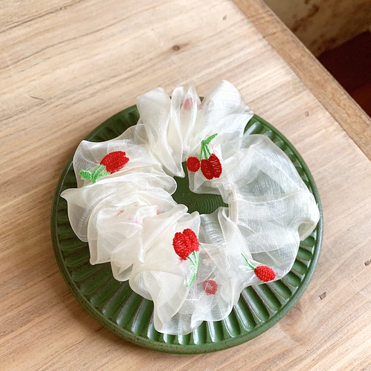 Cherry Embroidered Scrunchie