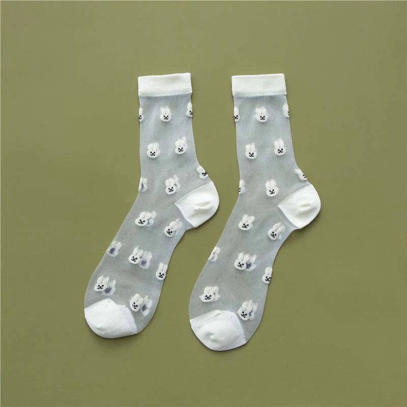 Sheer Embroidered Animal Face Pattern Crew Socks (6 Colours)