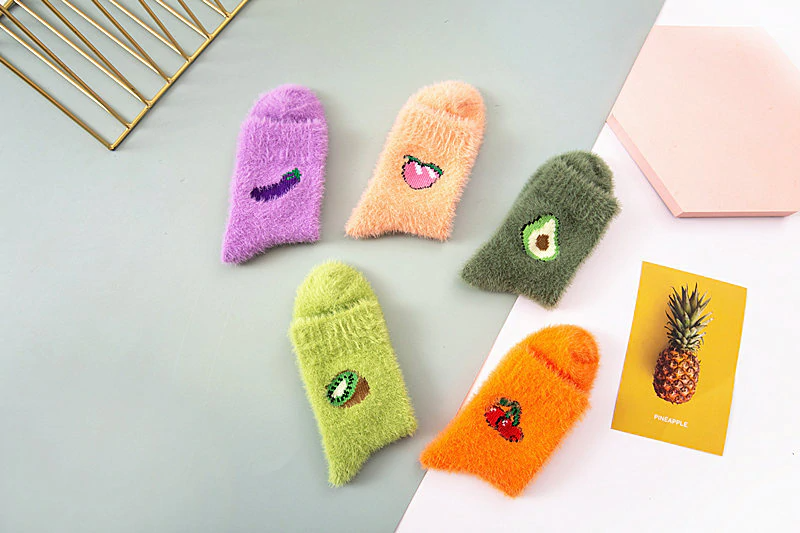 Fuzzy Fruit Embroidery Crew Socks (5 Designs)