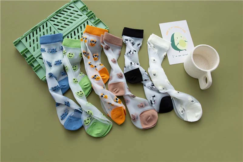 Sheer Embroidered Animal Face Pattern Crew Socks (6 Colours)