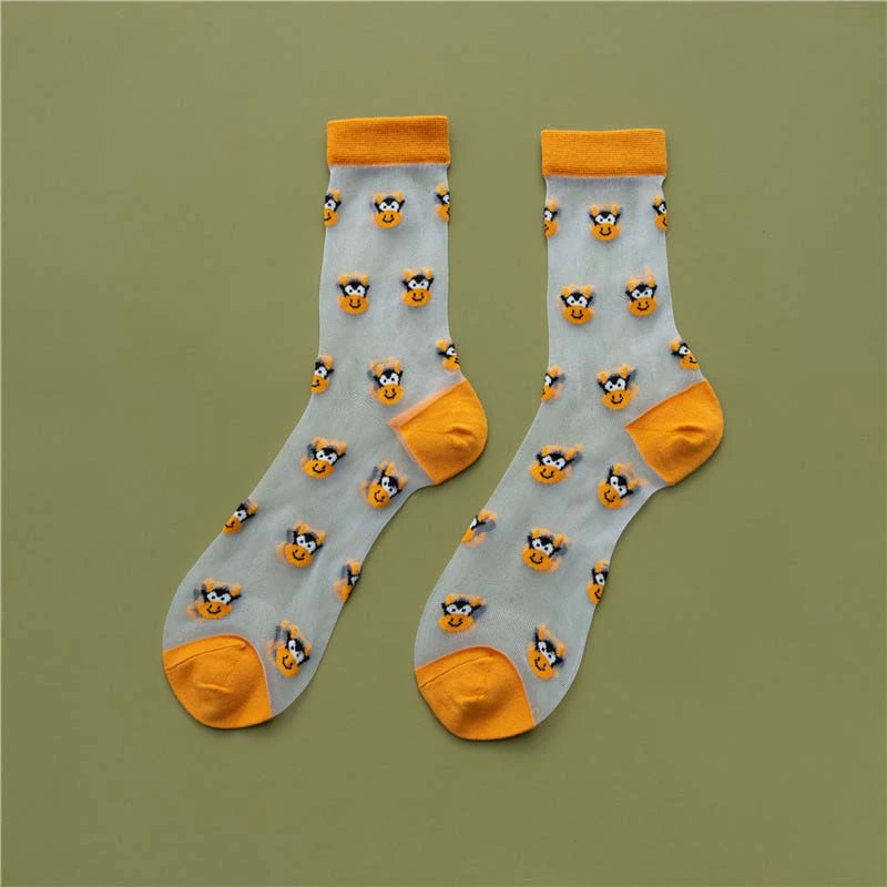 Sheer Embroidered Animal Face Pattern Crew Socks (6 Colours)