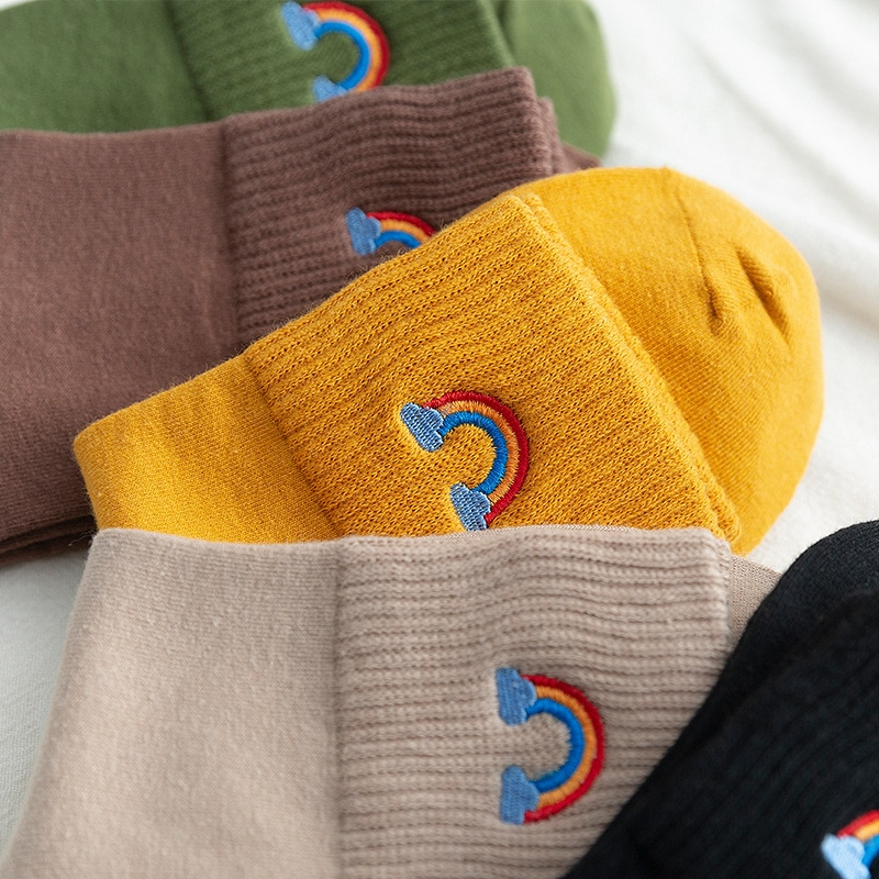 Rainbow Embroidery Crew Socks (10 Colours)