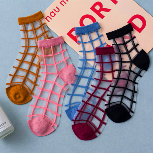 Transparent Grid Crew Socks (5 Colours)