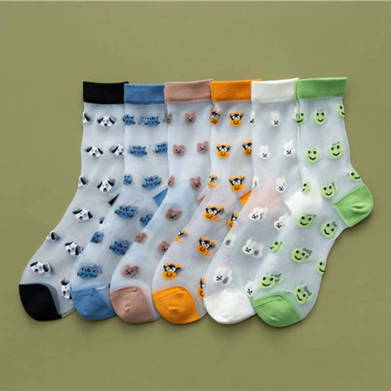 Sheer Embroidered Animal Face Pattern Crew Socks (6 Colours)