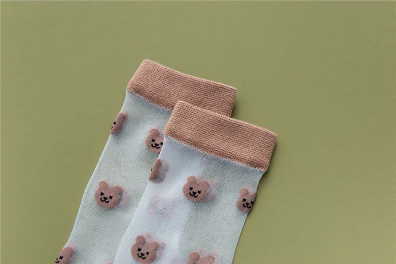 Sheer Embroidered Animal Face Pattern Crew Socks (6 Colours)