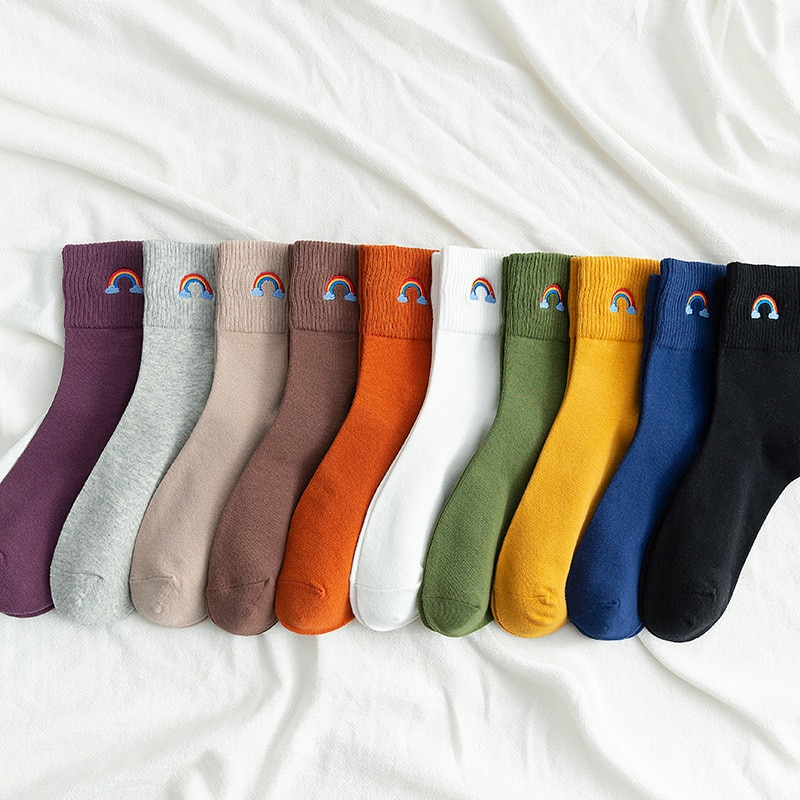 Rainbow Embroidery Crew Socks (10 Colours)