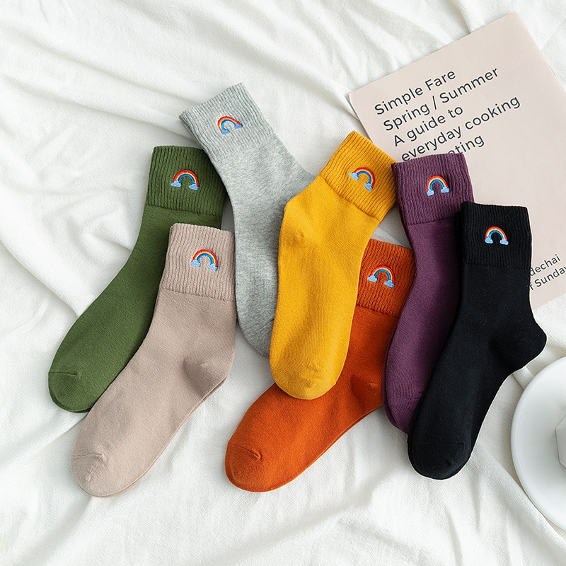 Rainbow Embroidery Crew Socks (10 Colours)