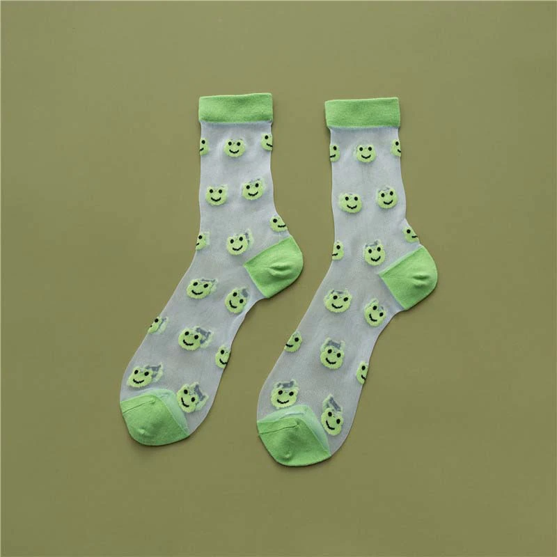 Sheer Embroidered Animal Face Pattern Crew Socks (6 Colours)