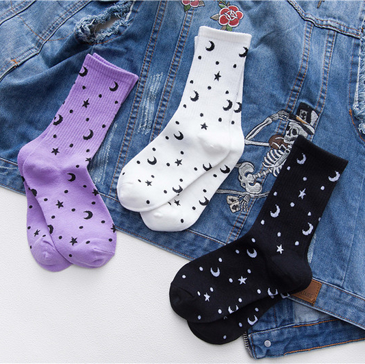 Star and Moon Pattern Socks (3 Colours) - Ice Cream Cake