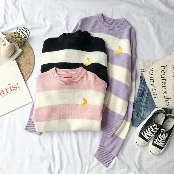 Striped Knit Moon Embroidery Jumper – Ice Cream Cake