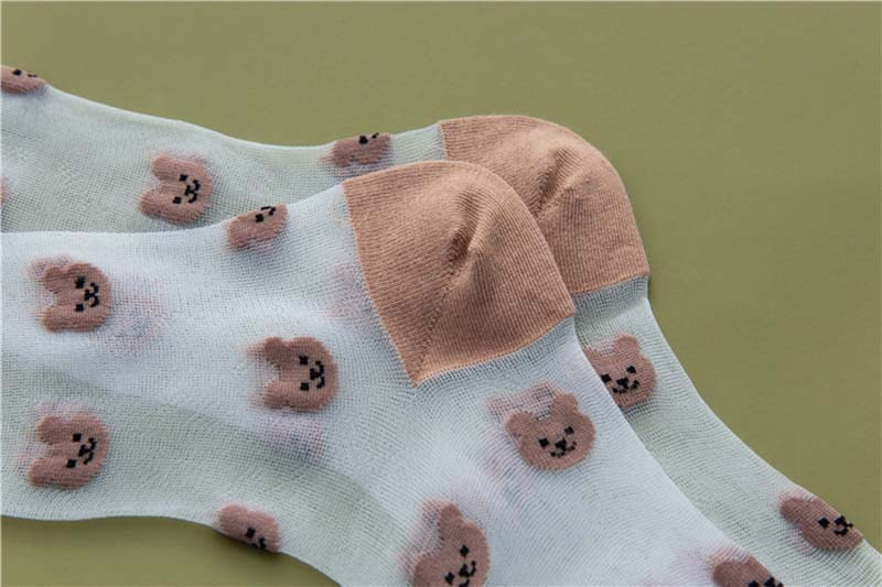 Sheer Embroidered Animal Face Pattern Crew Socks (6 Colours)