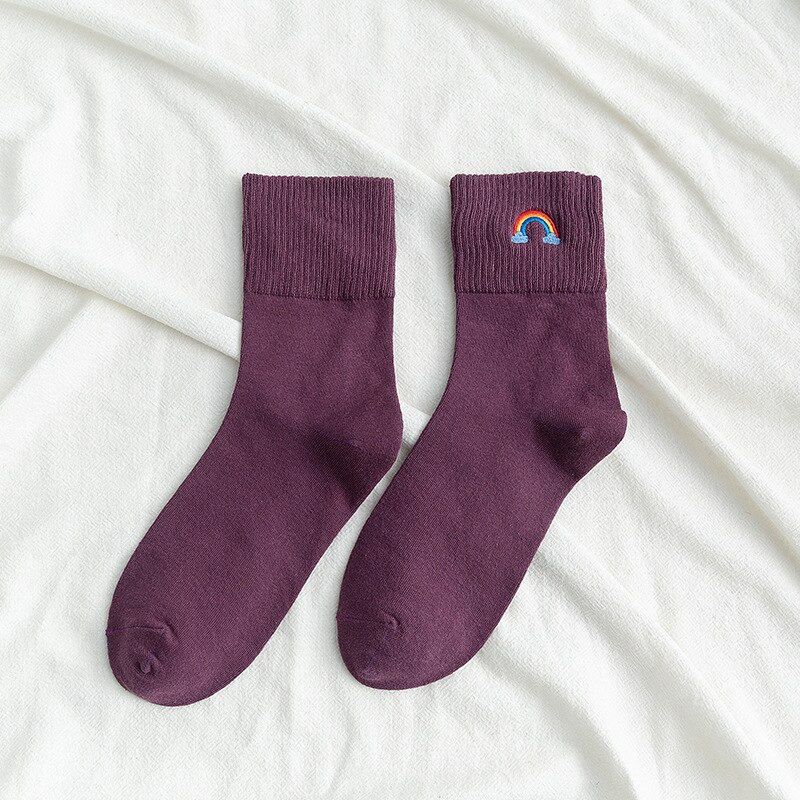 Rainbow Embroidery Crew Socks (10 Colours)