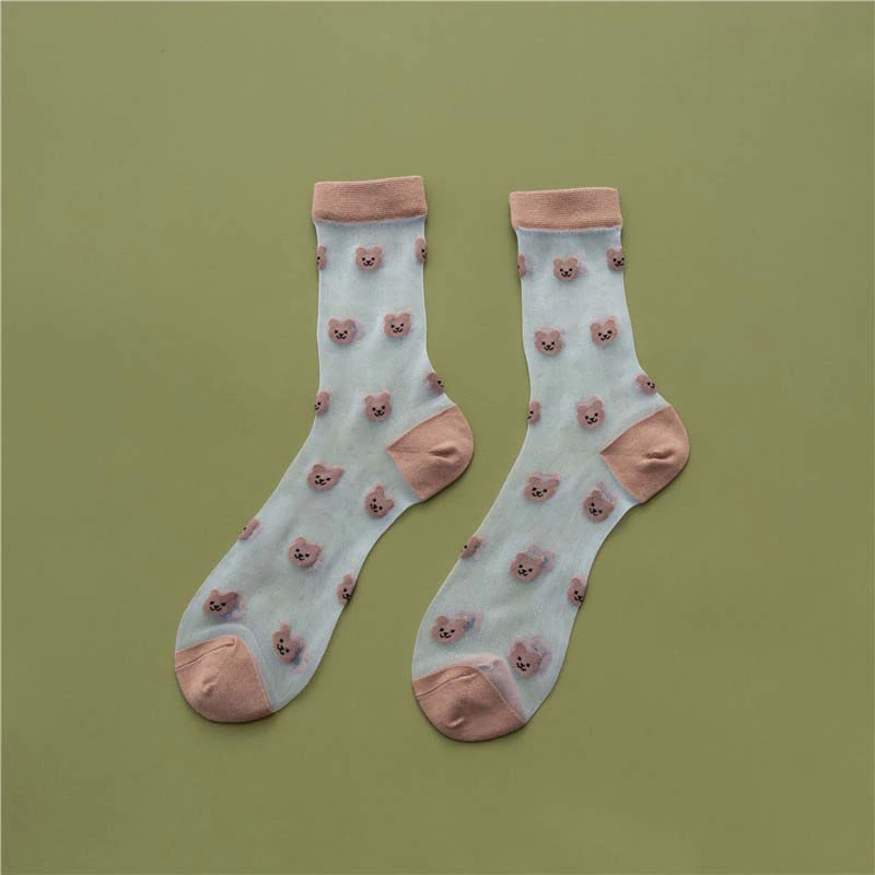 Sheer Embroidered Animal Face Pattern Crew Socks (6 Colours)