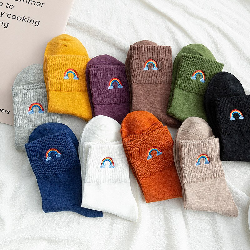 Rainbow Embroidery Crew Socks (10 Colours)