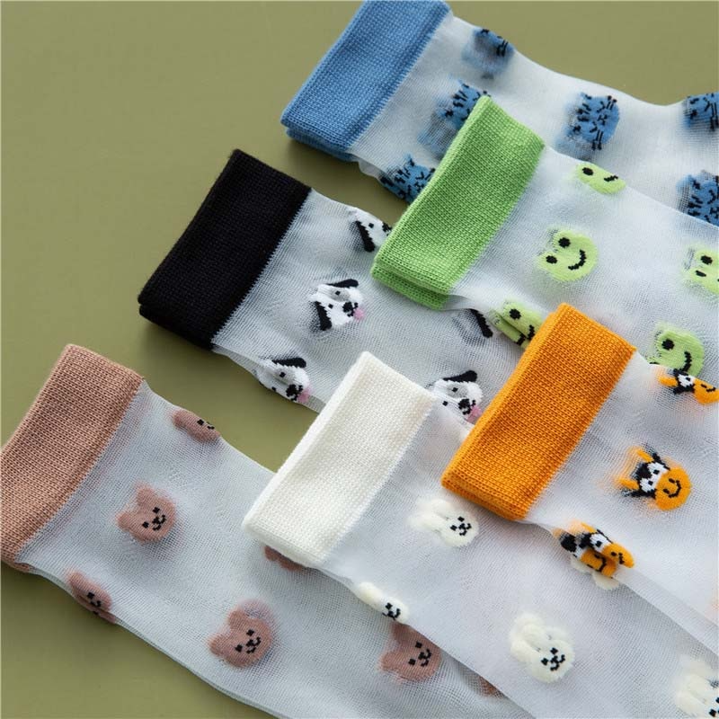 Sheer Embroidered Animal Face Pattern Crew Socks (6 Colours)