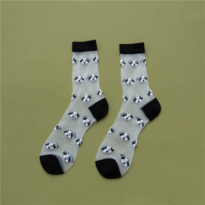 Sheer Embroidered Animal Face Pattern Crew Socks (6 Colours)